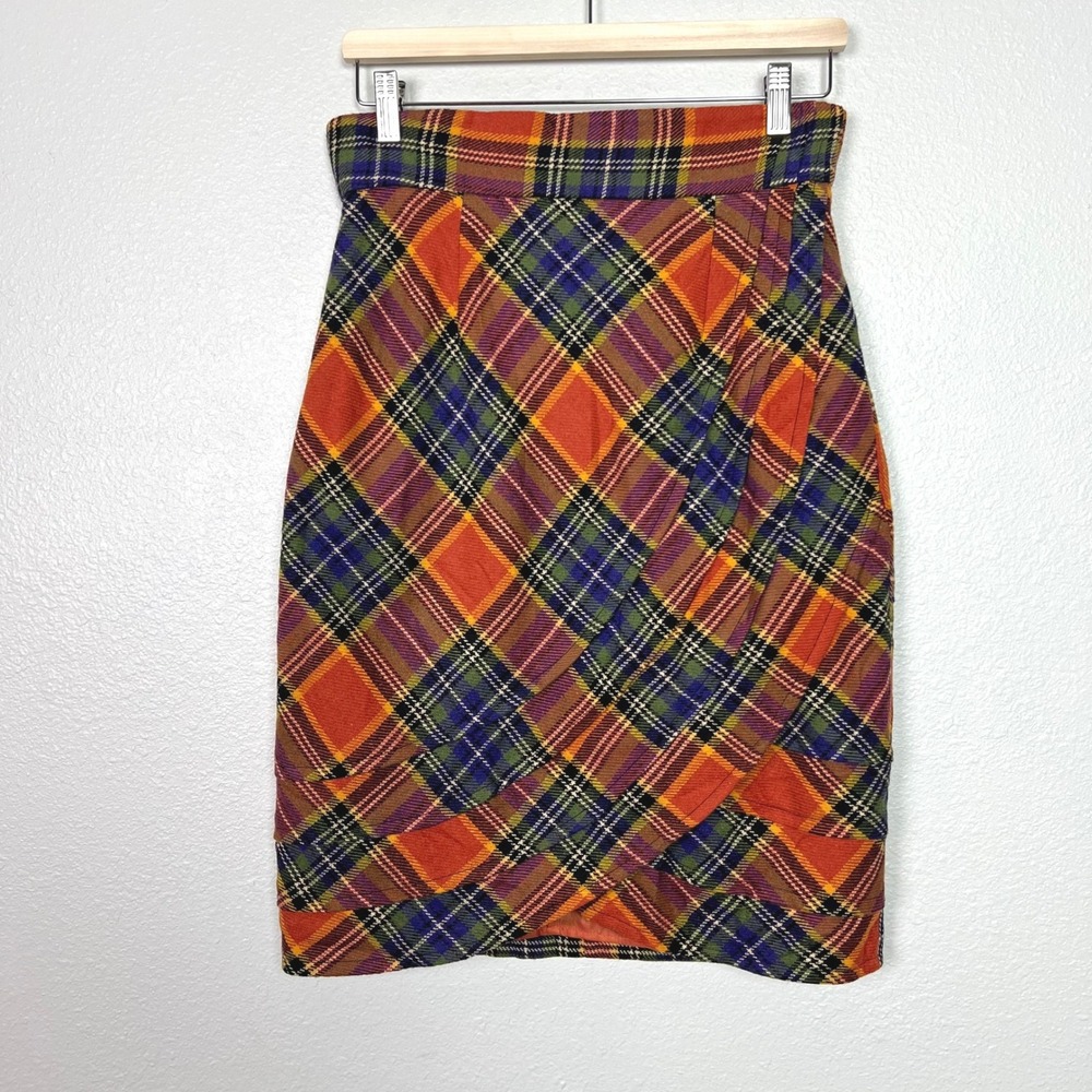 Plenty by Tracy Reese Easy Keeper Skirt Orange Plaid Wool Blend Tulip Hem Size 6 - Picture 2 of 11